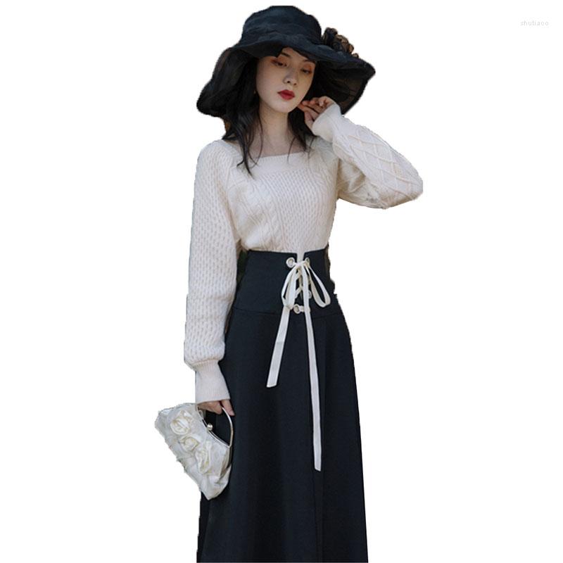 

Work Dresses Fashion Ladies Suit Autumn Winter White Knitted Sweater Pullover & Waist Tie Black Skirt 2 Pcs Sets Clothing Single Sale, White sweater
