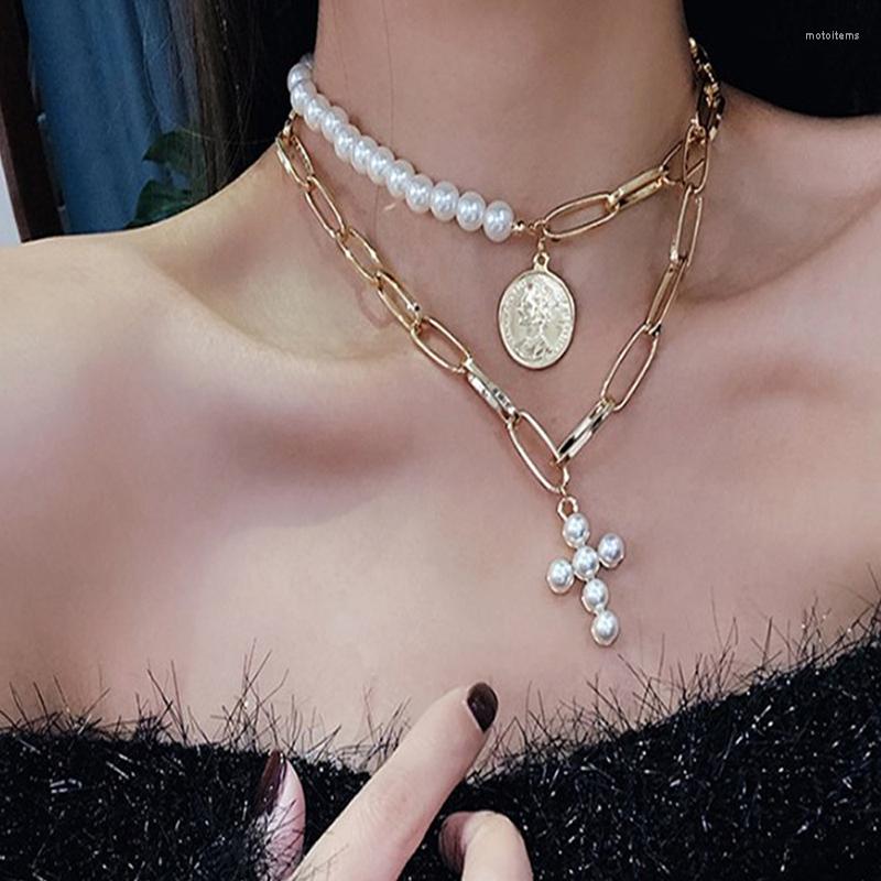 

Chains Cross Pendant Pearl Thick Chain Lock Necklace Punk Two Layer Multi-layer Coin Metal