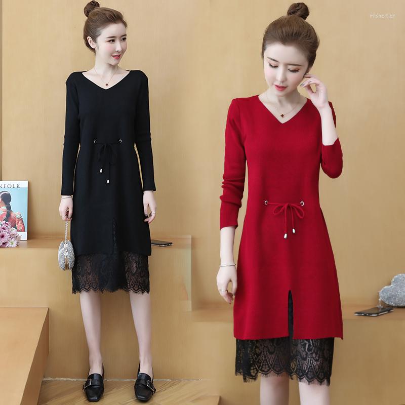 

Casual Dresses Women Sweater Dress Autumn Winter Long Sleeve V Neck Lace Drawstring Slim Waist Slit Knitted Pullovers Christmas, Red