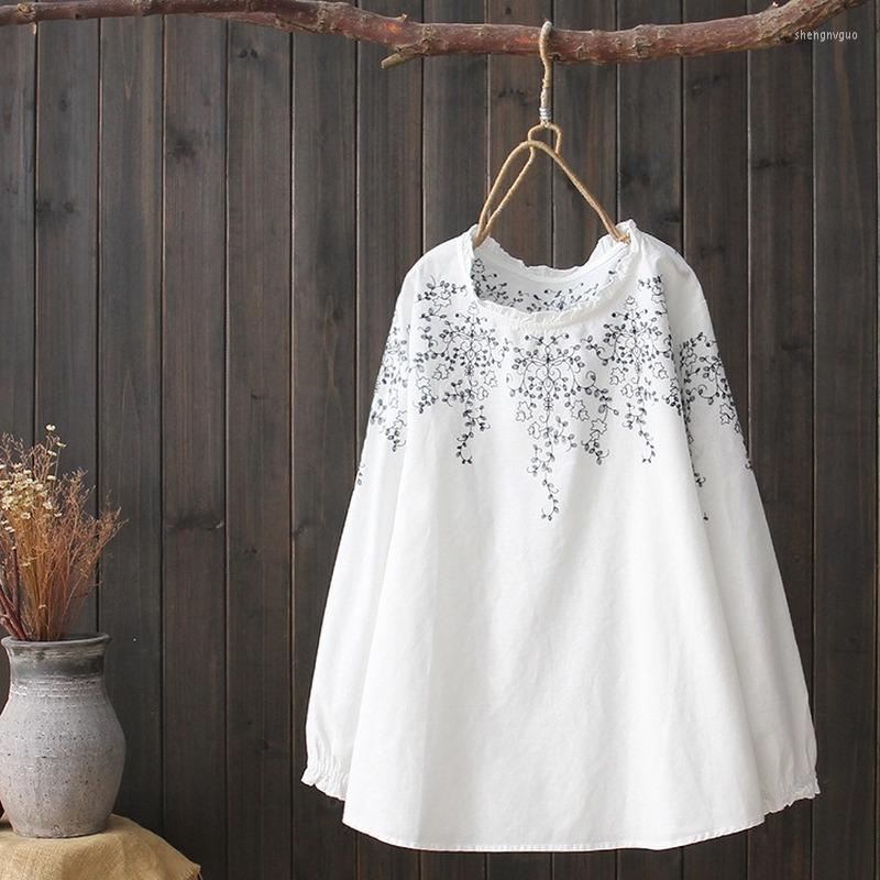 

Women's Blouses Bohemian White Blouse Women Autumn Spring Japan Style Ethnic Long Sleeve Stand Collar Embroidery Shirt Blusa, Blue