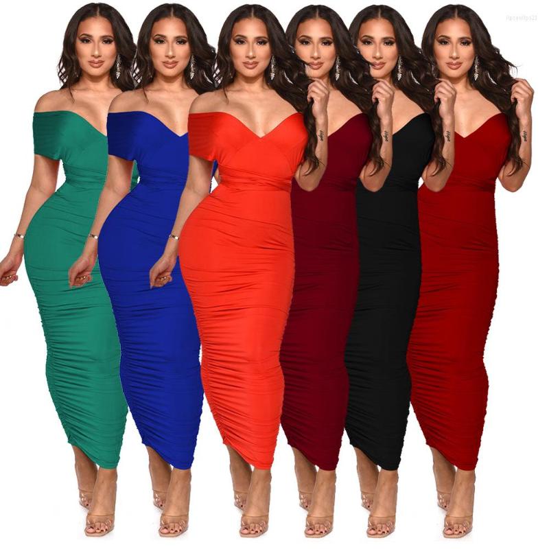 

Casual Dresses Elegant Solid Off Shoulder Lace Up V Neck Ruched Pleated Long Maxi Dress Women Sexy Backless Bandage Party Club, Green