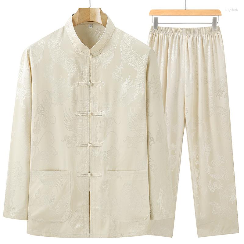 

Ethnic Clothing Plus Size 3XL Traditional Chinese Costume Satin Men Tang Suit Vintage Mandarin Collar Print Dragon Tai Chi Homewear