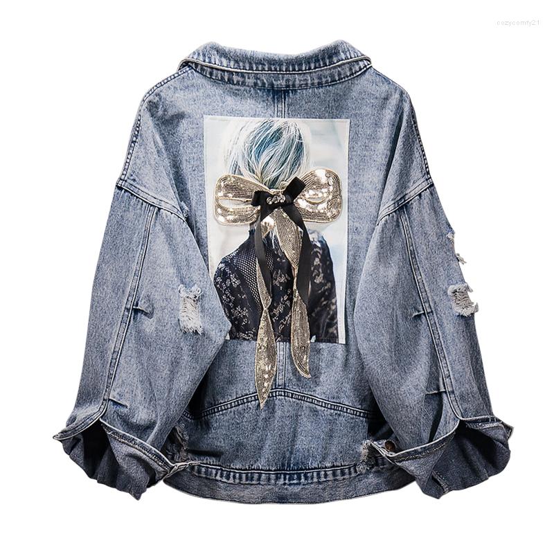 

Women's Jackets Women's Cotton Cowboy Coat 2022 Spring Autumn Fashion Loose Denim Jacket Casual Printing Jeans Outerwear Top Female 5XL, Blue