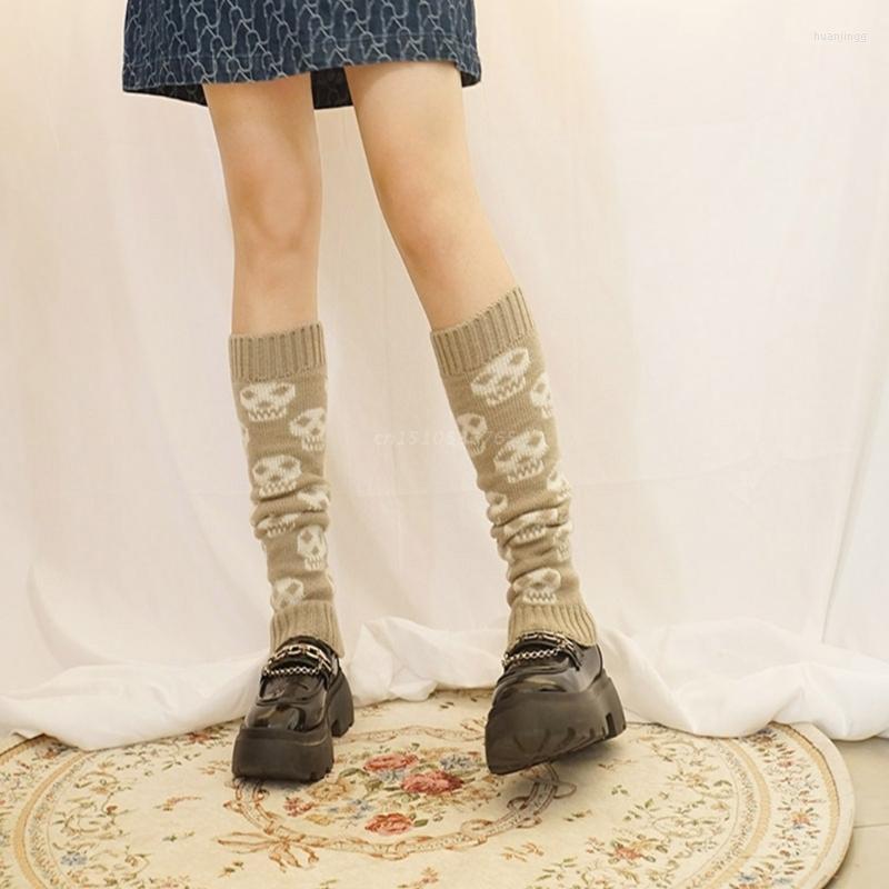 

Women Socks Knitted Leg Warmer Harajuku Gothic Punk Skull Jacquard Stretchy Warm Calf Length Foot Covers For Autumn Winter, Khaki