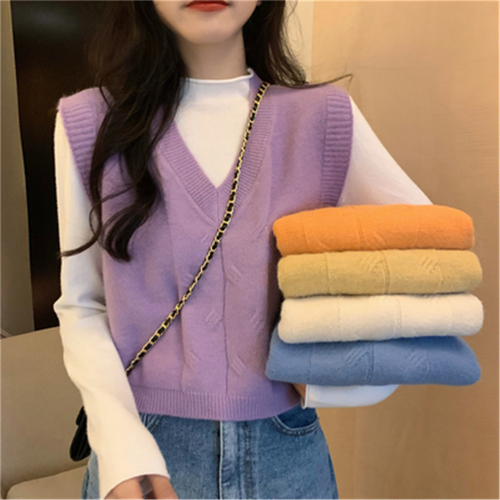 

Women's Vests Sweater Vest Women V Neck Solid Loose Casual Korean Style Fashion Spring Autumn Sleeveless Sweaters Purple Blue ZY5817 221202, Violet