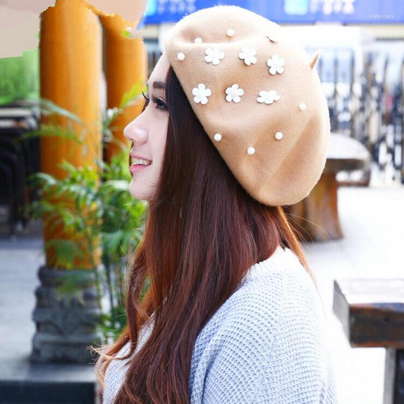 

Berets Winter Hats For Women Knitted Wool Beret Pearl Petals Are Solid Baret Warm Caps Boina Feminina