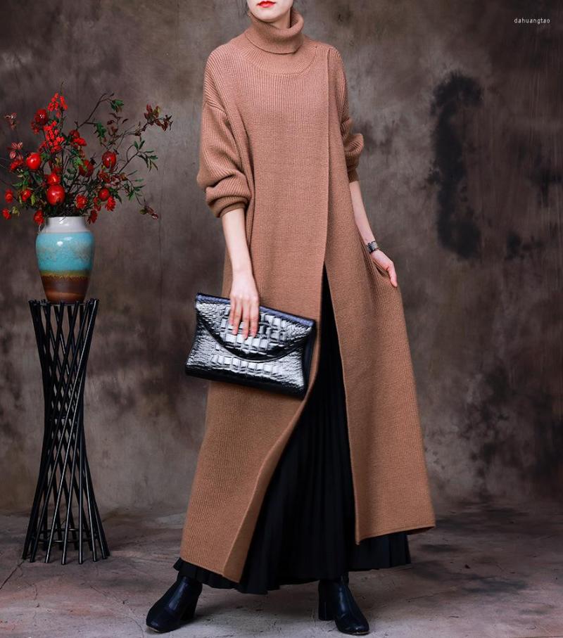 

Casual Dresses SuperAen Autumn And Winter 2022 High Neck Sweater Irregular Slit Fashion Long Dress Loose Vintage, Skirt