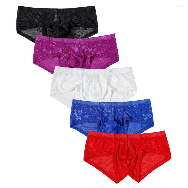 

Underpants 5Pcs/ Lot Sexy Boxer Panties Lace Prints Mesh Transparent Breathable Low-rise Boxershorts Men  L XL 2XL, 5 mix color-c503