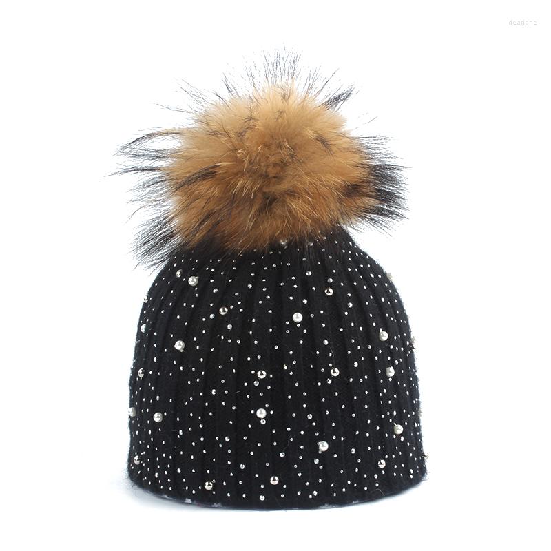 

Hats Rhinestone Beanie Kids Girls Wool Knitted Winter For Children Real Raccoon Fur Pompom Hat Skullies 4-8 Age, White