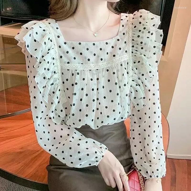 

Women' Blouses Women' Clothing Square Collar Polka Dot Printing Chiffon For Women Summer Autumn 2022 Chic Korean Top Ruffles Blusas, Beige