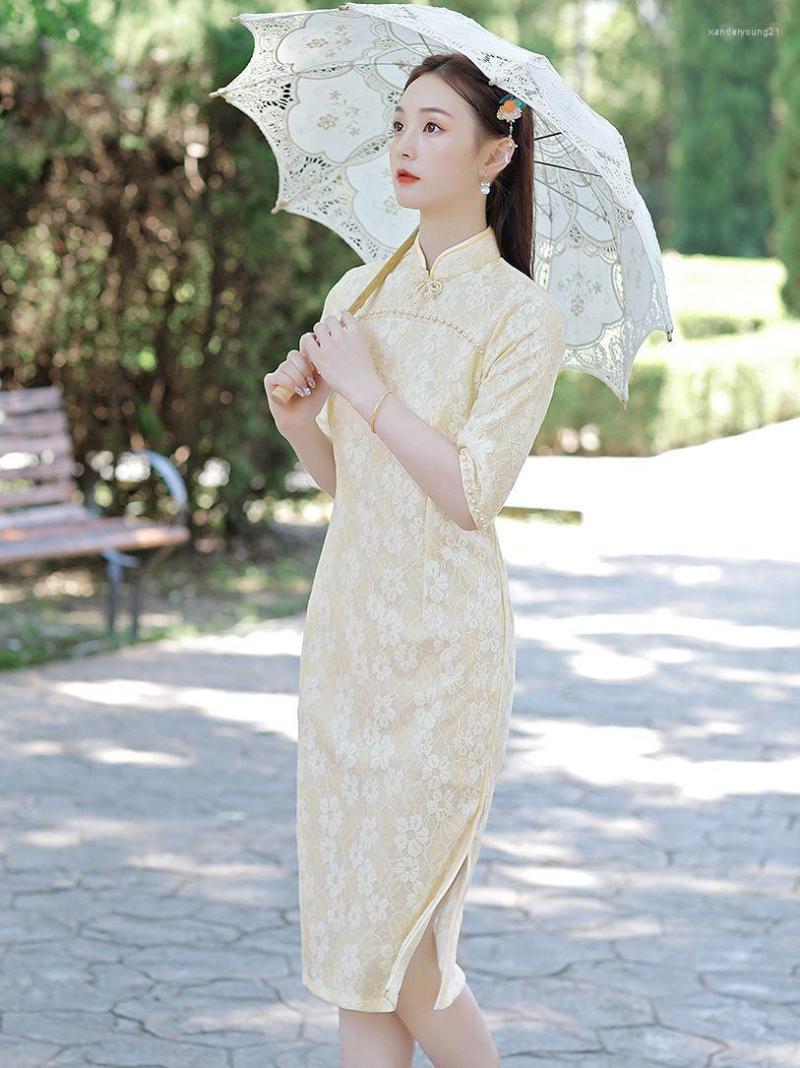 

Ethnic Clothing Lace Embroidered Floral Chinese Style Dress Wedding Party Qipao Lady Mandarin Collar Cheongsams Retro Vestidos Plus Size 3XL