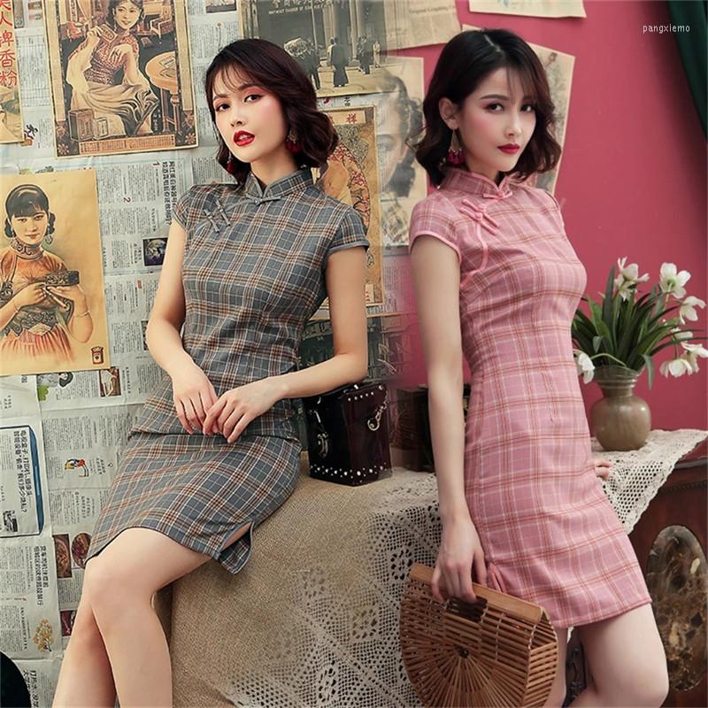 

Ethnic Clothing Women Oriental Split Plaid Cheongsam Elegant Slim Chinese Traditioanl Vintage Short Sleeve Evening Party Dress Sexy Mini