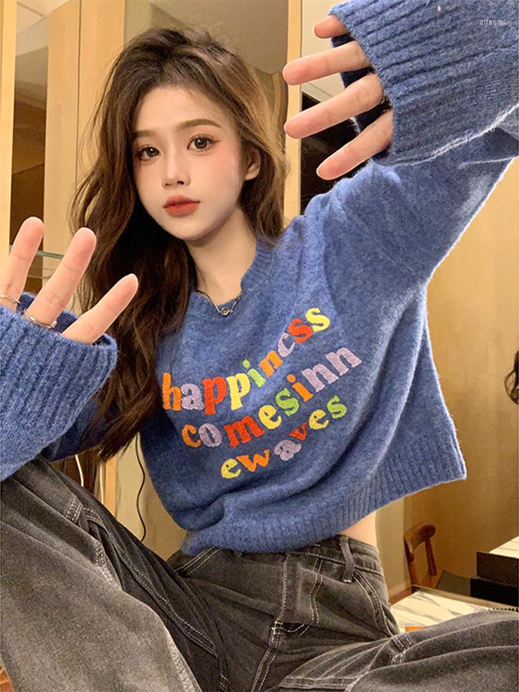 

Women' Sweaters Colorful Letters Korean Fashion Short Knit Sweater Women Spring Autumn Loose Pullover Long Sleeve Top Female Jumper, Blue