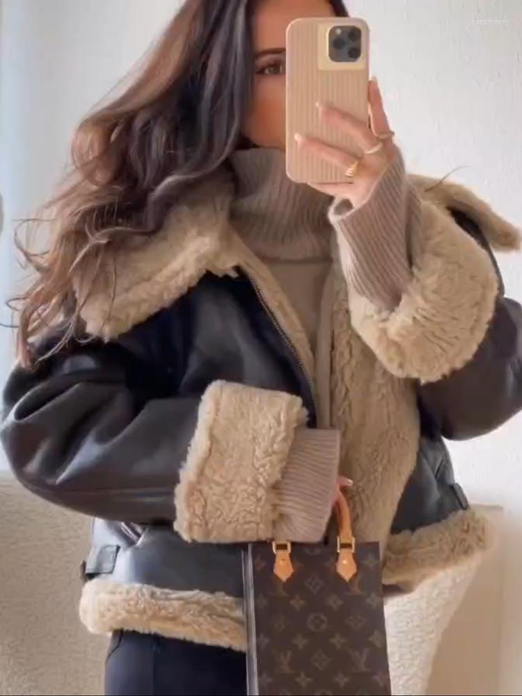 

Women's Leather PTYSIC Women Fashion Winter 2022 Jacket Coat Faux Shearling Sheepskin Retro Motorcycle Fleece Outerwear, Picture shown