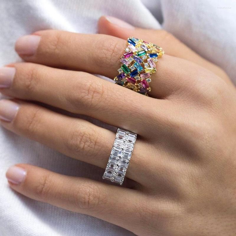 

Wedding Rings Exquisite Shinny Rainbow Fashion Korean 3 Rows Colorful Cubic Zircon Women Finger Jewelry Ring Size 6 7 8