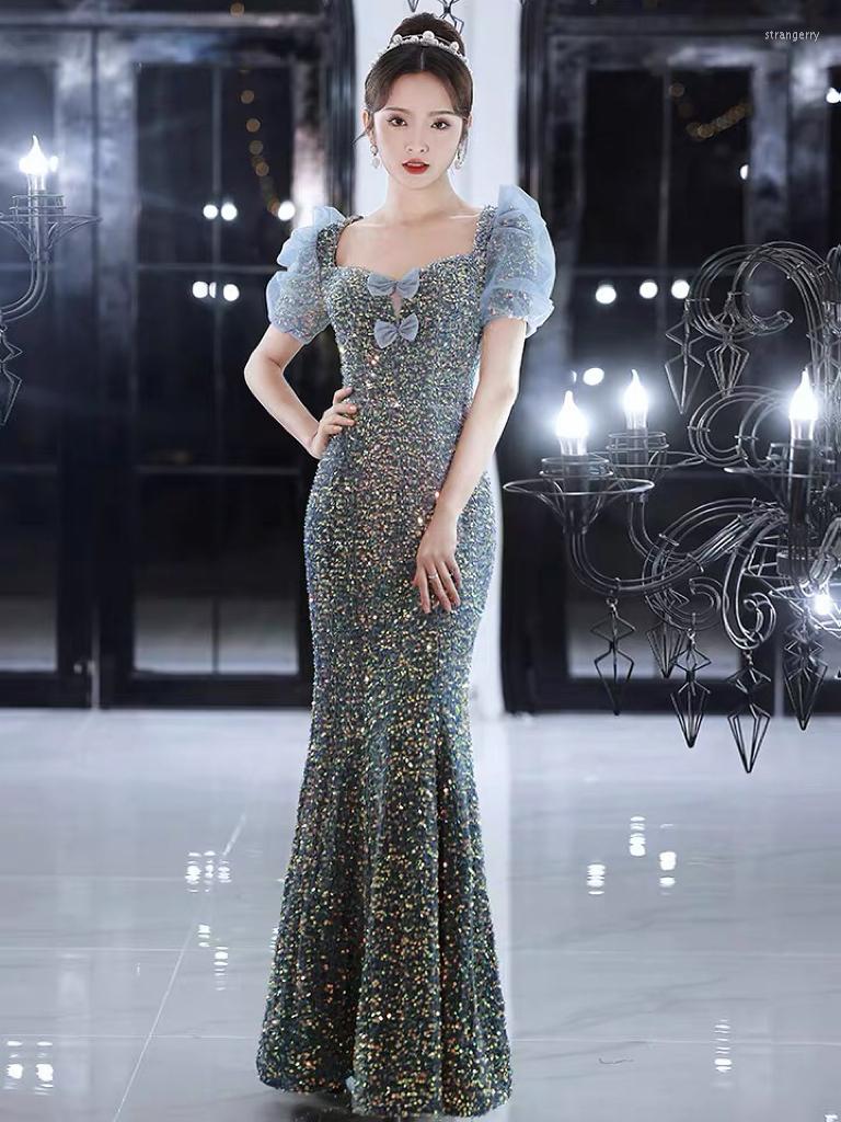 

Runway Dresses Vintage Mermaid Sequin Celebrity Square Collar Puff Sleeves Sweet Bow Colorful Evening Gown Women Wedding Party Clothing, Picture color