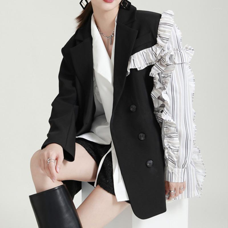 

Women's Suits XUXI 2022 Spring Color-Contrast Splicing Suit Coat Women Casual Fashion Single Breasted Loose Straight E4864, Gray