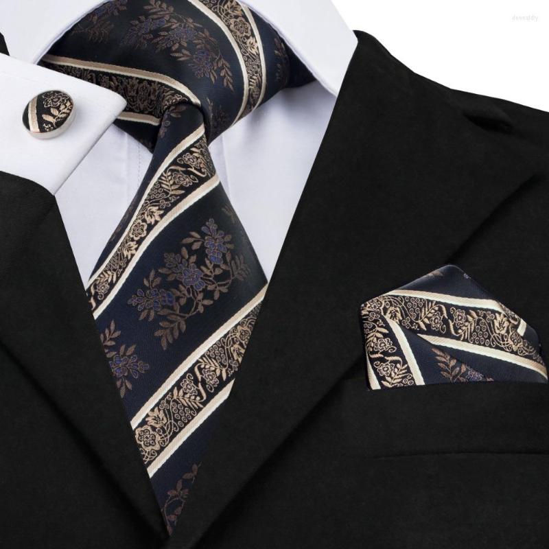 

Bow Ties SN-798 Black Bisque Mediumblue Striped Tie Hanky Cufflinks Sets Men's Silk For Men Formal Wedding Party Groom