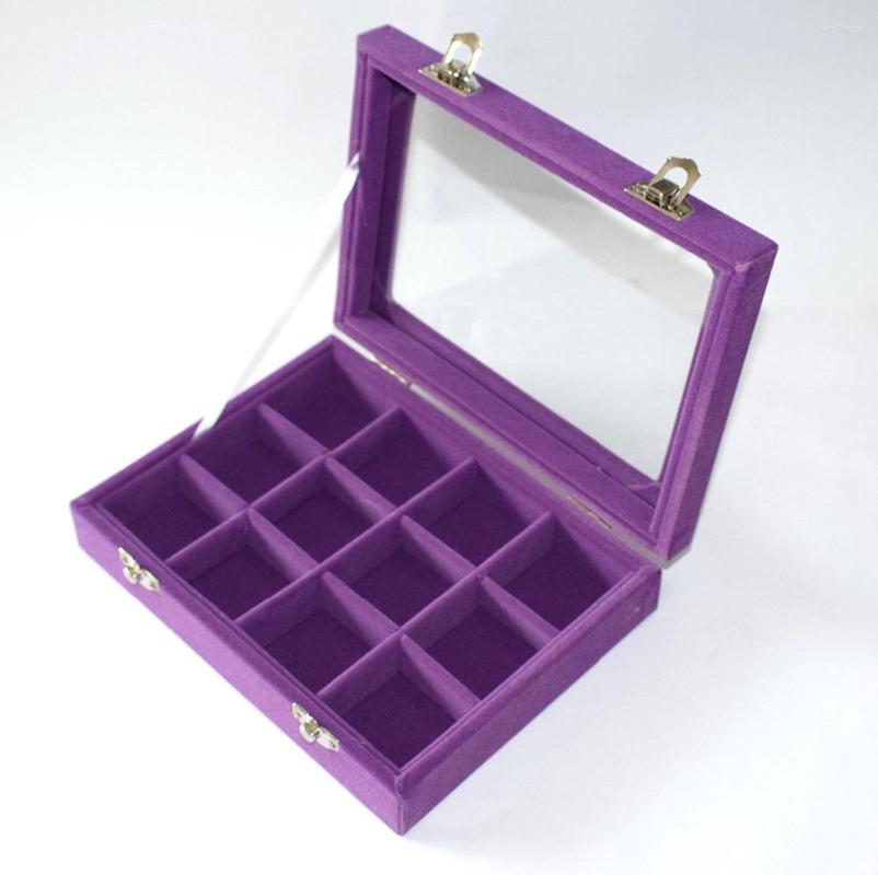 

Jewelry Pouches Purple 12 Grid Velvet Glass Ring Display Organiser Box Tray Holder Earrings Storage Case