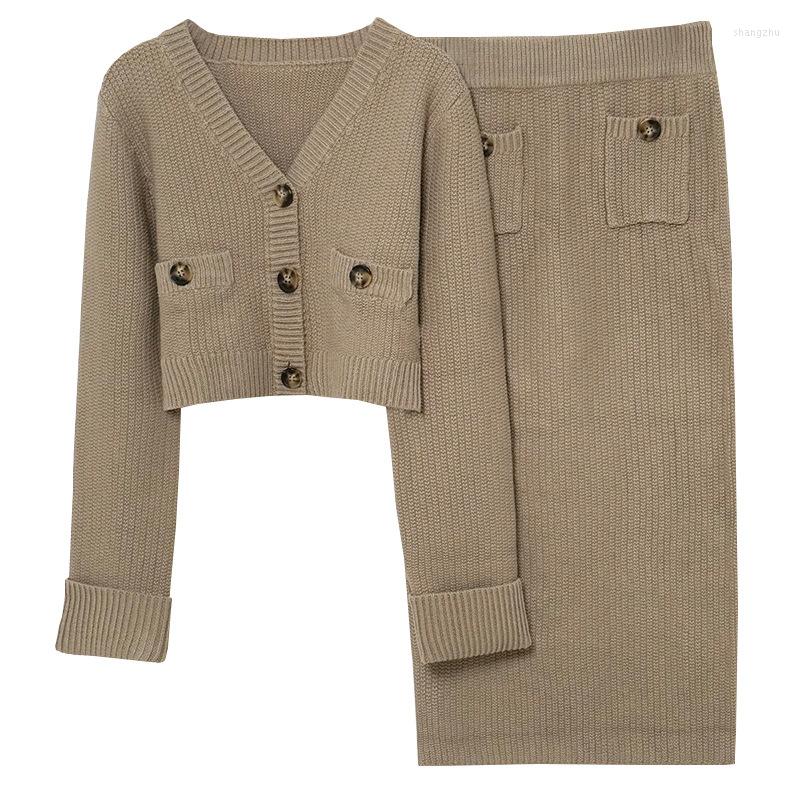 

Work Dresses 2022 Spring Arrive Leisure Style Casual Women Suits Solid Color Knitted Cardigan Coat High Waist Skirt, Picture color skirt