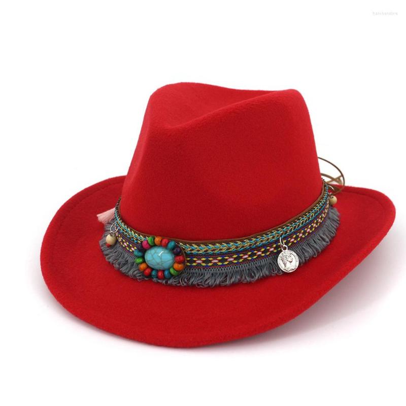 

Berets Fashion Women Wool Western Cowboy Hat With Tassel Ribbon Wide Brim Jazz Sombrero Hombre, Black