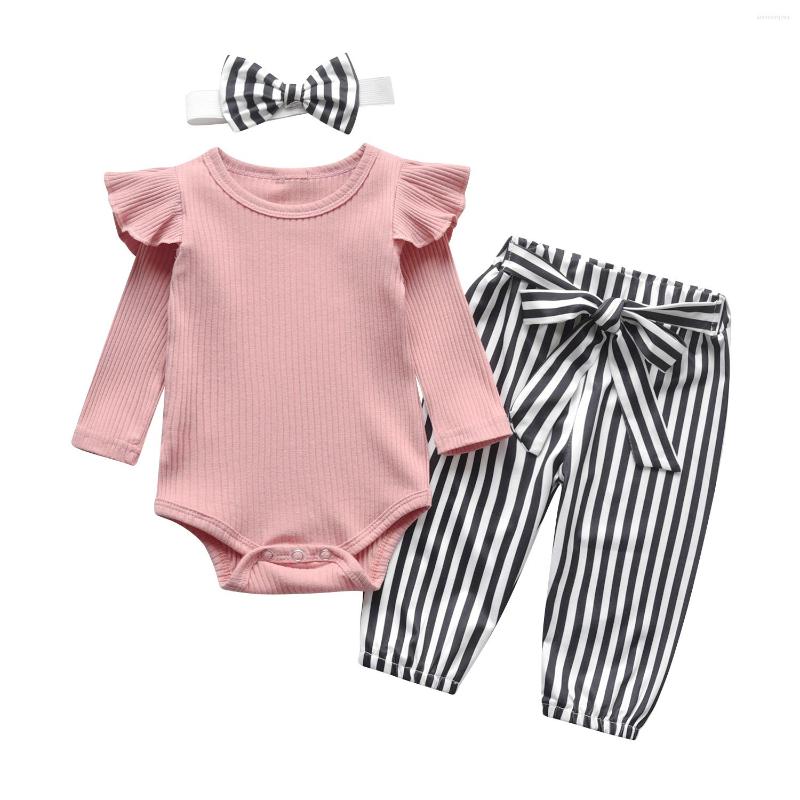 

Clothing Sets Baby Girl Clothes Set Fashion Infant Ruffle Sleeve Rib Knit Bodysuits For Borns Stripe Pants&Headdress, Gold