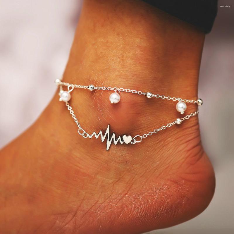 

Anklets For Women Fashion Pearl Chain ECG Ankle Multilayer Anklet Bracelet Boho Foot Jewelry Beach Accessories Girl Gift
