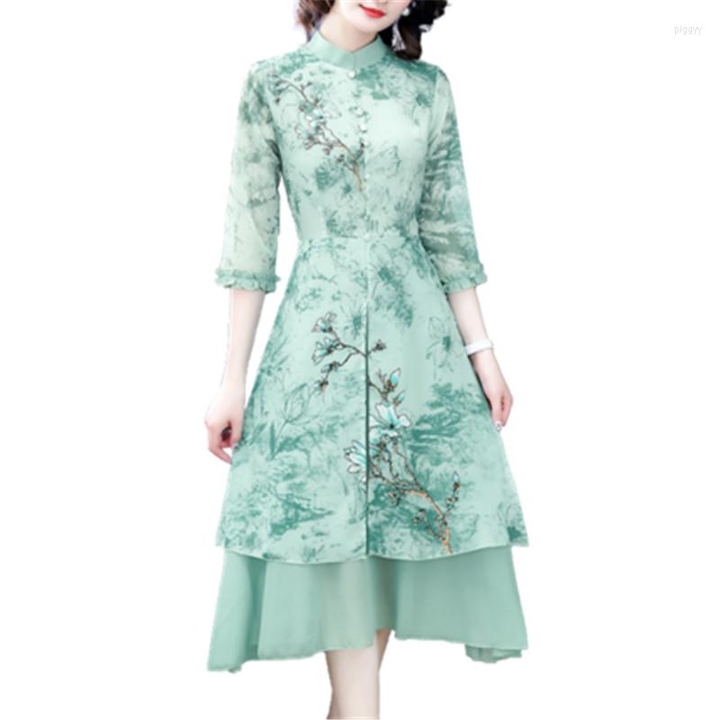 

Casual Dresses Fashion Women' Dress 2022 Spring Retro Chinese Style Elegant Improve Cheongsam Middle-aged Mom Qipao Vestidos, Green