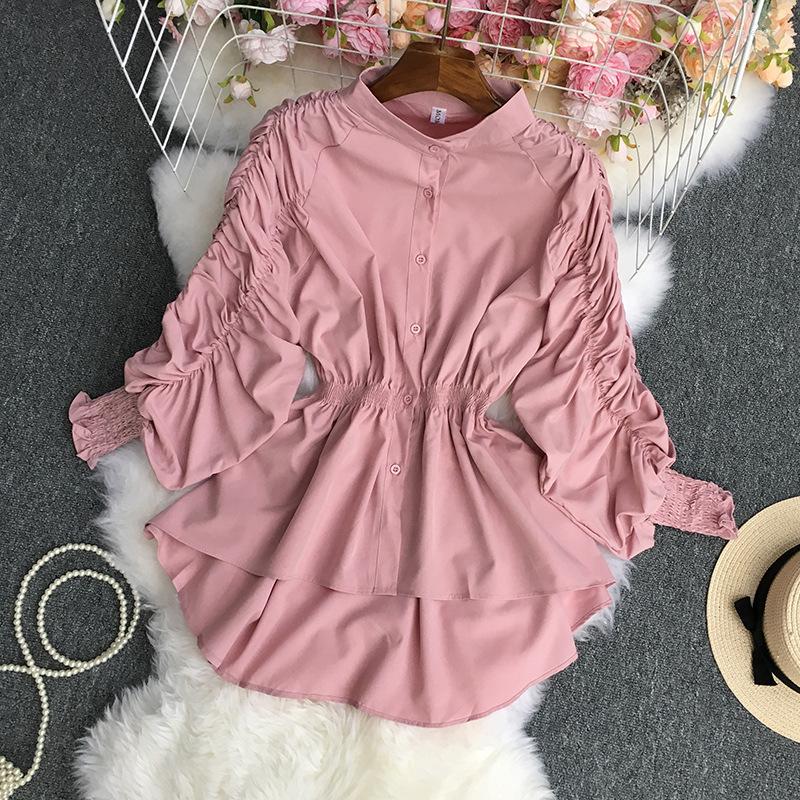 

Women's Blouses Solid Button Up Elastic Waist Long Sleeve Blouse Women Korean Fashion Office Tops White Black Pink Ladies Casual Shirt, Yellow