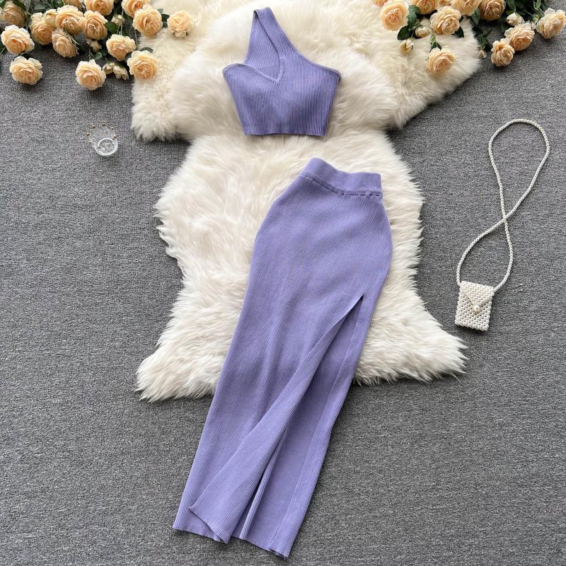 

Work Dresses Amolapha Summer Two Piece Sets Women Sexy Beach One-Shoulder Crop Tops And Split Midi Skirts Clothing Suits, Black