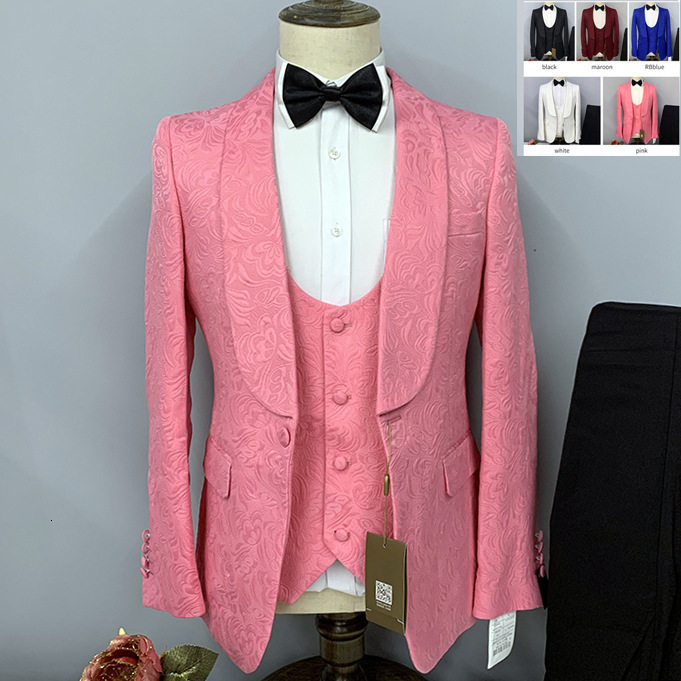 

Men's Suits Blazers Fashion Men Casual Boutique Business Slim Dark Pattern Wedding Host Formal Suit 3 Pcs Set Jacket Dress Coat Pants Vest 221201, Pink