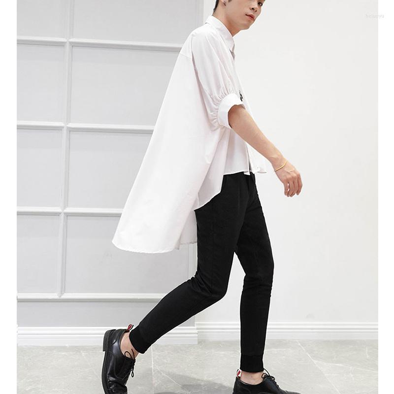 

Men's Casual Shirts Short Back Front Long Irregular Bat Shirt Tide Men Sleeve Japanese Ins Hem Length Loose Trendy Personalit, Black