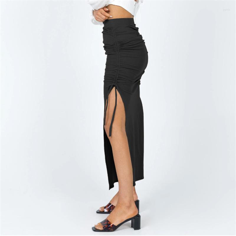 

Skirts 2022 Female Solid Color Knitted Package Hip Skirt Summer High Waist Split With Drawstring For Women /M/L/XL, Beige