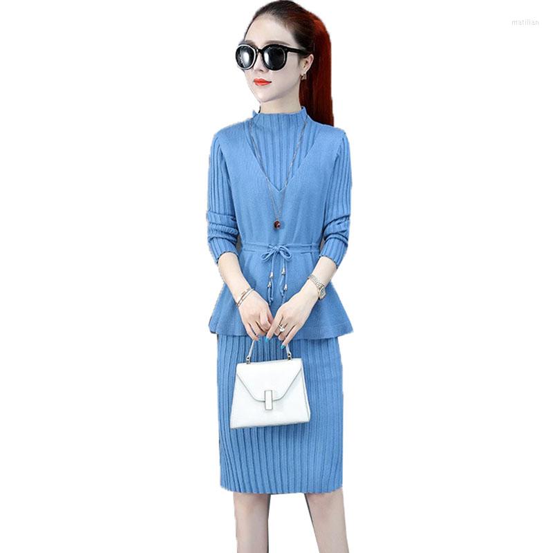 

Casual Dresses Fashion Knit Dress 2022 Autumn Knitted Vest & Two-Piece Set Elegant Temperament Vestidos Ladies A960, Green