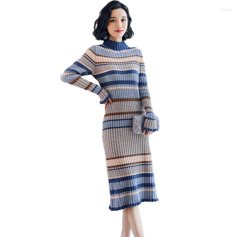 

Casual Dresses Celebrity Fashion Dress High Collar Long Knit Pullover Sweater Autumn Winter Quality Stripe Women' Vestidos A1047, Camel