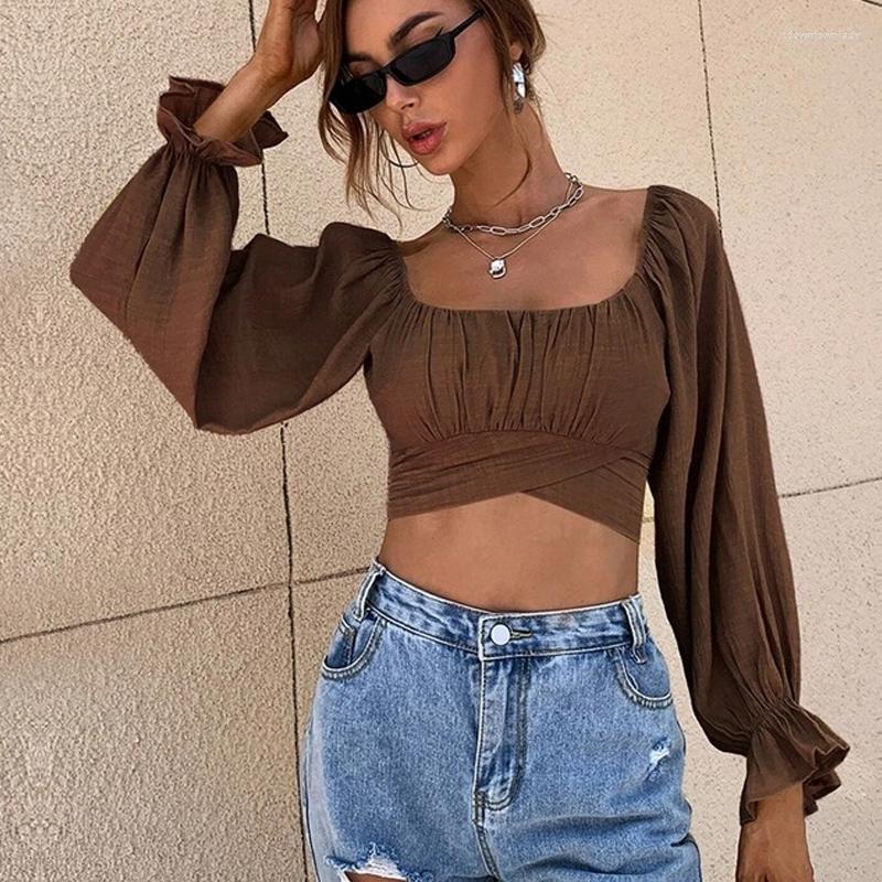 

Women's Blouses Vintage Spring Summer Sexy Temperament Shirt Bandage Slim Square Collar Short Tops Long Sleeve Women's Top Women 21448, Black