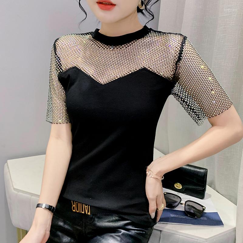 

Women's T Shirts Summer Short-sleeved T-shirt Fashion Diamond Hollow Out Tops Patchwork Sexy Women Black Shirt Blusa Feminina