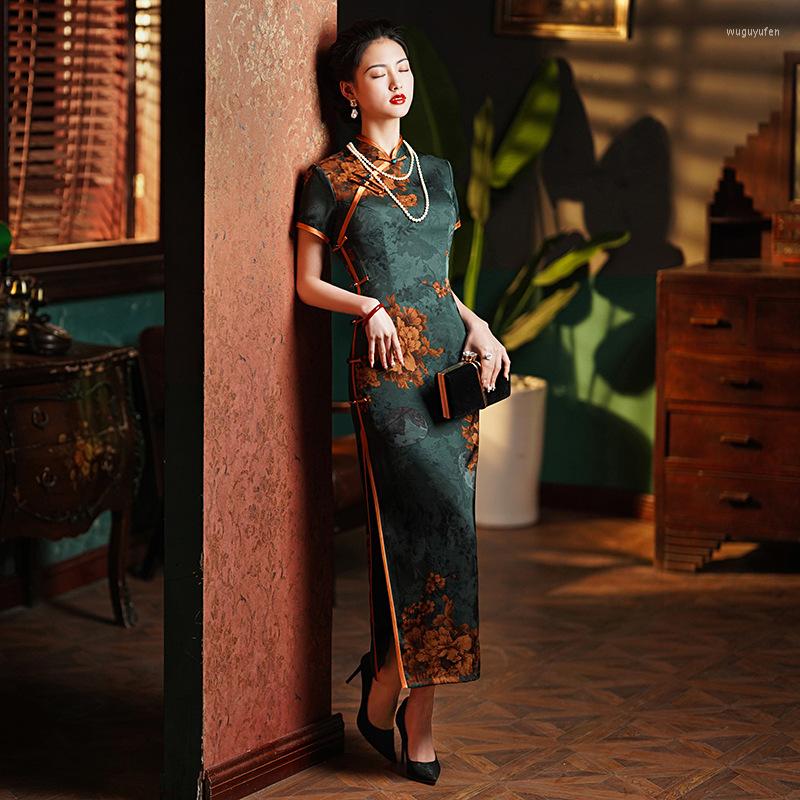 

Ethnic Clothing Traditional Chinese Vintage Flower Print Handmade Button Long Cheongsam Dress For Women Classic Ancient Cosplay Qipao