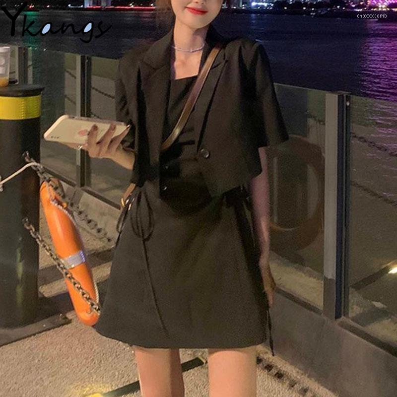 

Casual Dresses High Street Korean Sweet Y2k Blazers Women A-line Elegant Loose Dress Solid Lace Up Chic 2 Piece Clothing Outfits Female, Black dress