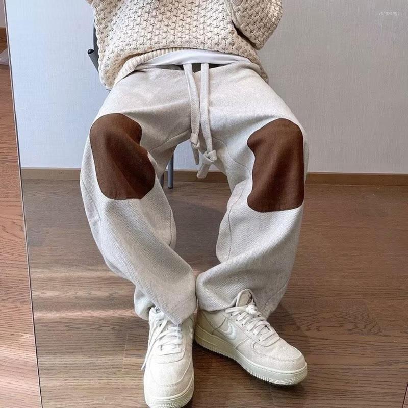 

Men's Pants Autumn Winter Baggy Woolen Men HIP HOP Streetwear Loose Straight Wide Leg Casual Splicing Drawstring Trouser, Apricot