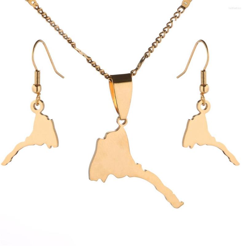 

Necklace Earrings Set Stainless Steel Trendy Eritrea Map Pendant Necklaces Gold Color Maps Jewelry, Picture shown