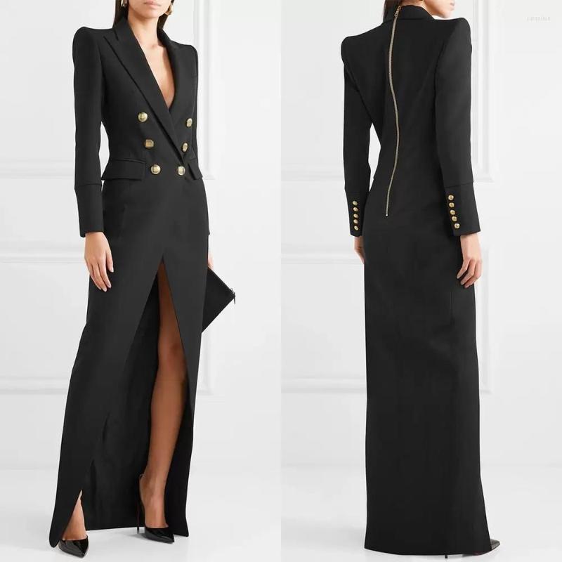 

Women's Suits Black Evening Dress Gold Double Breasted Ladies Long Jacket Suit Prom Guest Formal Tailored Blazer