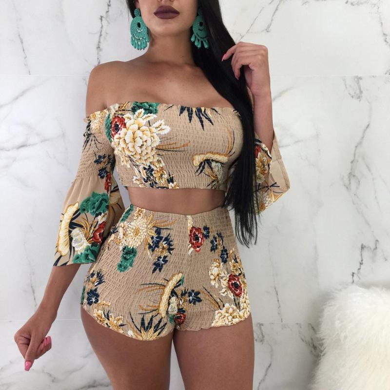 

Women' Tracksuits 2022 OL Sexy Women Floral Two-Piece Set Off Shoulder Half Sleeve High Waist Crop Top And Shorts Nightclub Party Suit, Blue