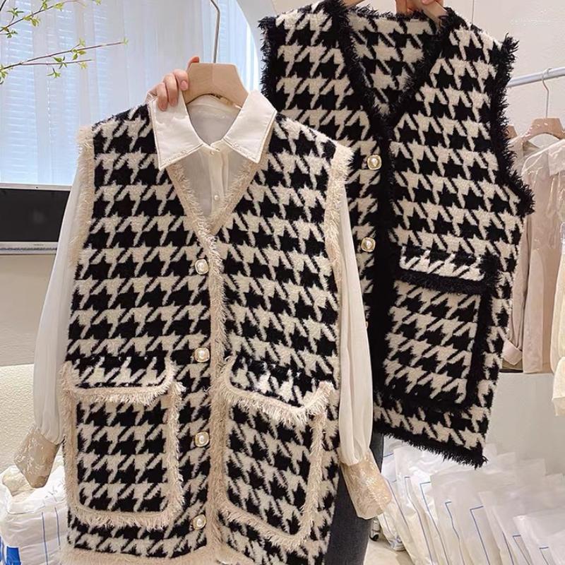 

Women's Vests Woman High Quality Houndstooth Female Single-Breasted Waistcoat Knitted Vest Sleeveless Jacket Ladies Outwear G351, Beige