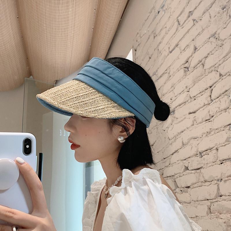 

Wide Brim Hats Double-sided Hat Empty Top Female Summer Sunshade Cotton Linen Straw Stitching Korean Beach Casual Cap Visor, Black