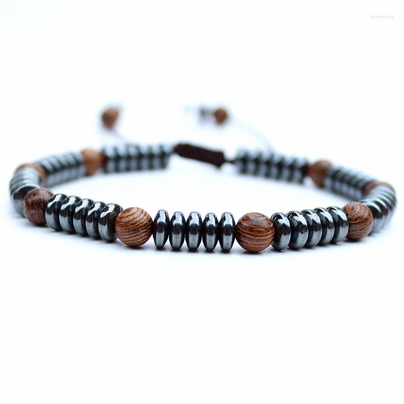 

Strand Fashion Handmade Men Bracelet Disc Shape Hematite Stone Wood Friendship Bracelets Mens Beads Jewelry