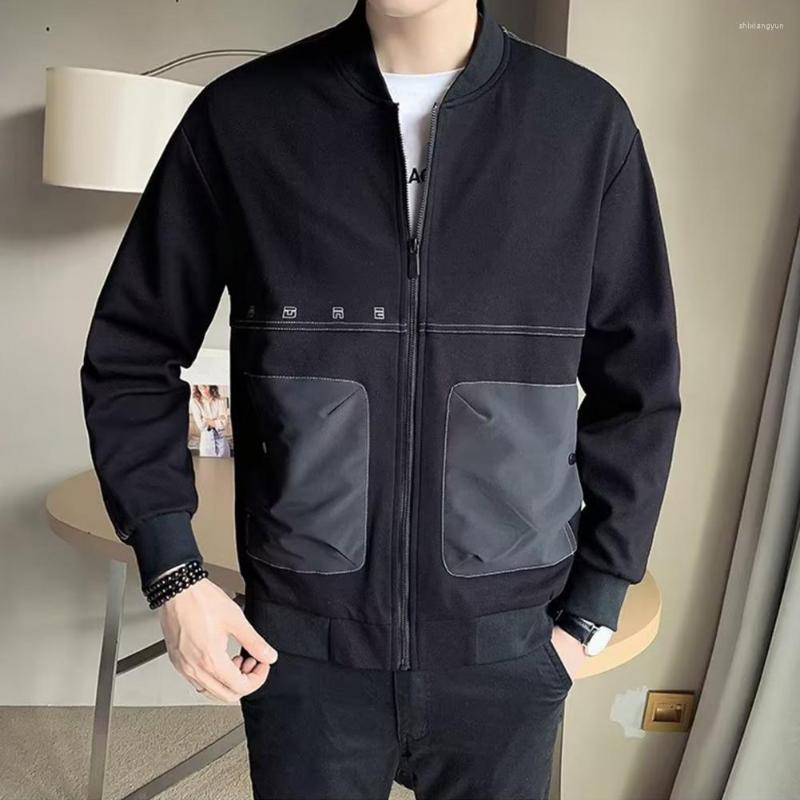 

Men's Jackets Autumn Jacket Long Sleeves Zipper Solid Color Stand Collar Loose Warm Cardigan Elastic Cuff Baseball Coat For Daily Wear, Black