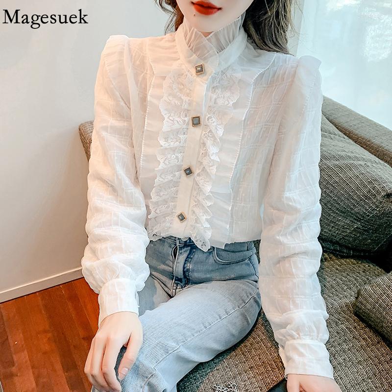 

Women' Blouses 2022 Korean Fashion Lace Chiffon Blouse Women Elegant Ruffles Patchwork Ladies Shirts White Stand Collar Long Sleeve Tops, Apricot