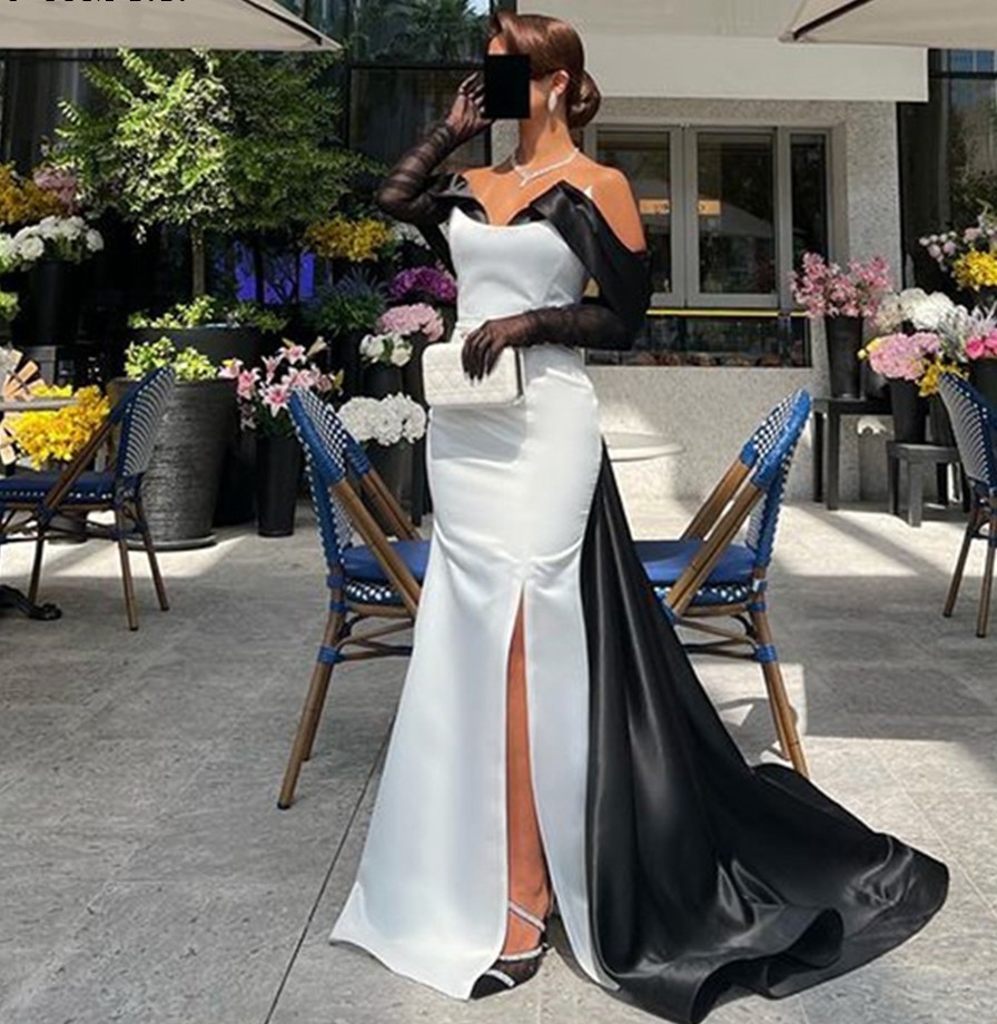 

Black White Saudi Arabia Prom Dress Vintage Off the Shoulder Slit Stain Formal Evening Party Gowns 2023 Celebrity Style Robe De Soiree Vestidos Gala, Silver