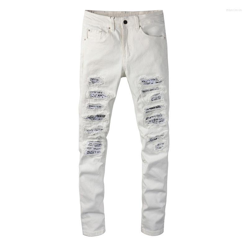 

Men's Jeans Men Paisley Bandana Print Patch Biker Streetwear Patchwork Ripped White Stretch Denim Pants Skinny Tapered Trousers